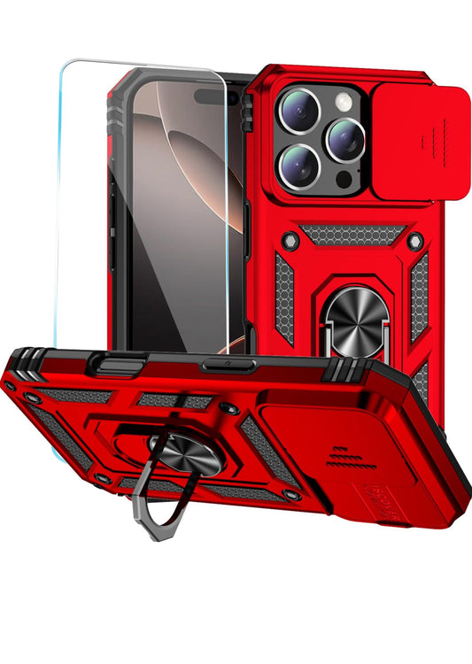 SunStory Phone Case for iPhone 16 Pro Max Case with HD Screen Protector & Slide Camera Cover & Rotated Ring Kickstand, [Military-Grade] Phone Case for iPhone 16 Pro Max 6.9", Red