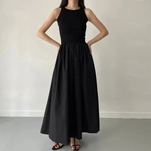 Summer Fashion Style Simple Elegant Black Long Dresses For Women Round Neck Sleeveless High Waist Temperament Female Dress New