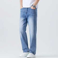 Buy Men's Straight Jeans Summer Thin Solid Color Casual Trousers Male Brand Loose Denim Pants jeans pants