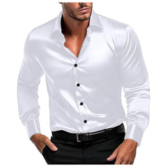 Buy Male Slim Fit Elegant Solid Color Satin Formal Wedding Long Sleeve Shirts men's shirt