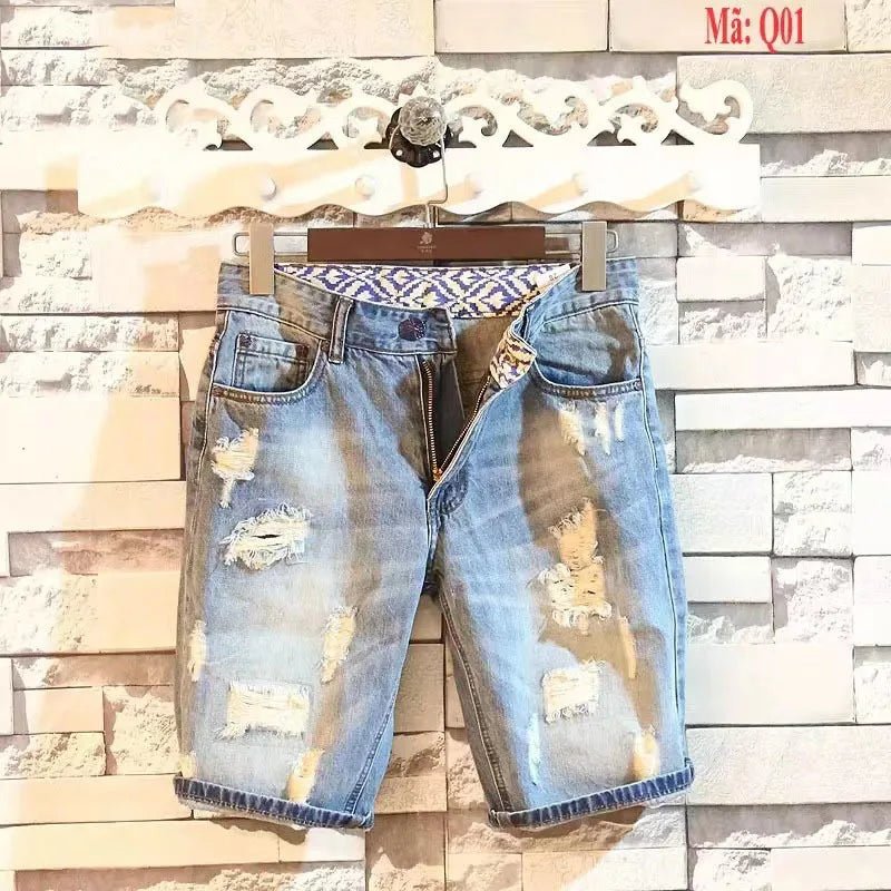 Buy Men's Summer Korean Fashion Hole Baggy Denim Shorts Handsome Young Blue Cargo Jeans Shorts For Men Men's pants
