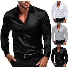 Buy Male Slim Fit Elegant Solid Color Satin Formal Wedding Long Sleeve Shirts men's shirt