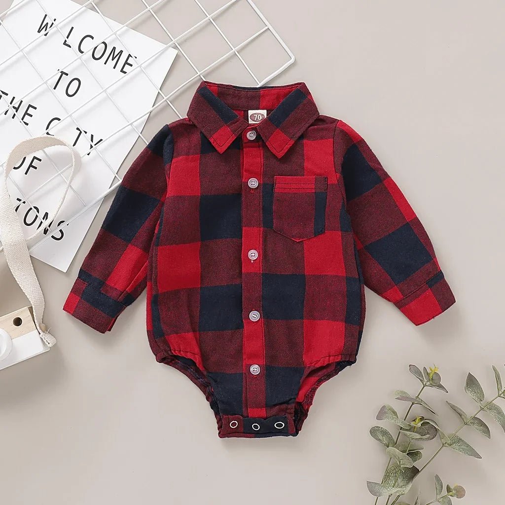 Buy 0 - 18 Months Newborn Baby Boy Bodysuit Plaid Long Sleeved Lapel Shirt Romper Gentleman Jumpsuit Fashion Wear for Toddler Boy Baby apparel