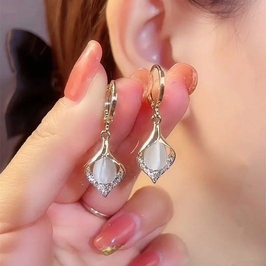 Korean Fashion Cat Eye Stone Crystal Earrings For Women Jewelry