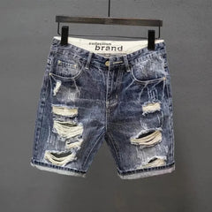 Buy Men's Summer Korean Fashion Hole Baggy Denim Shorts Handsome Young Blue Cargo Jeans Shorts For Men Men's pants