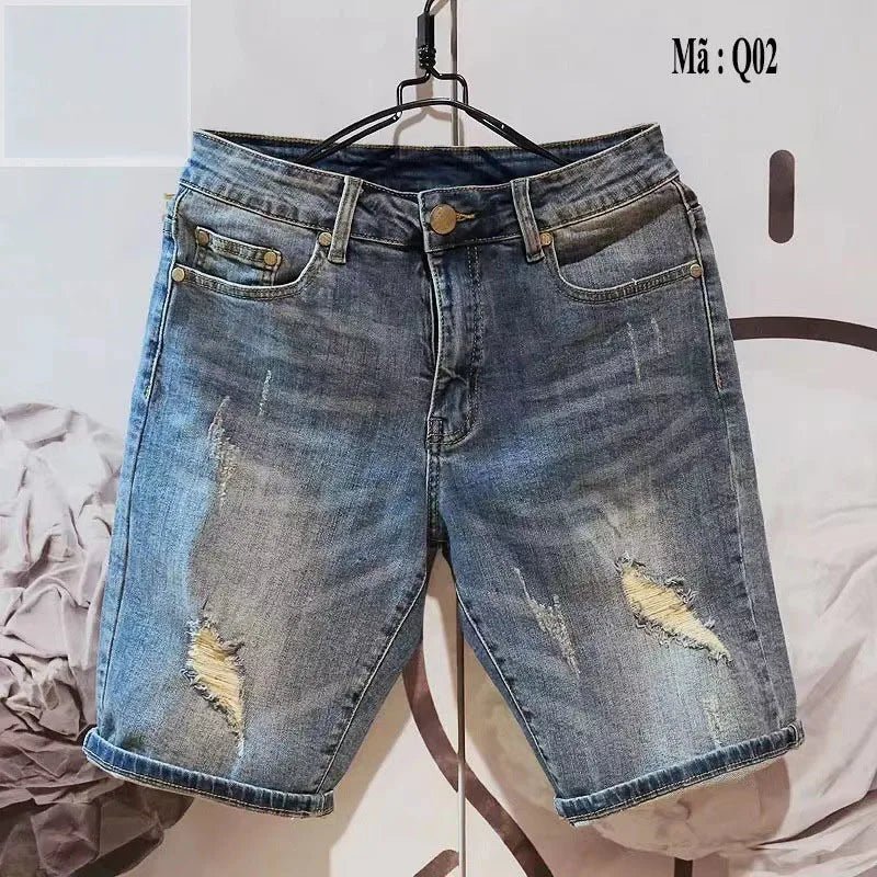 Buy Men's Summer Korean Fashion Hole Baggy Denim Shorts Handsome Young Blue Cargo Jeans Shorts For Men Men's pants