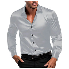 Buy Male Slim Fit Elegant Solid Color Satin Formal Wedding Long Sleeve Shirts men's shirt