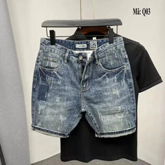 Buy Men's Summer Korean Fashion Hole Baggy Denim Shorts Handsome Young Blue Cargo Jeans Shorts For Men Men's pants