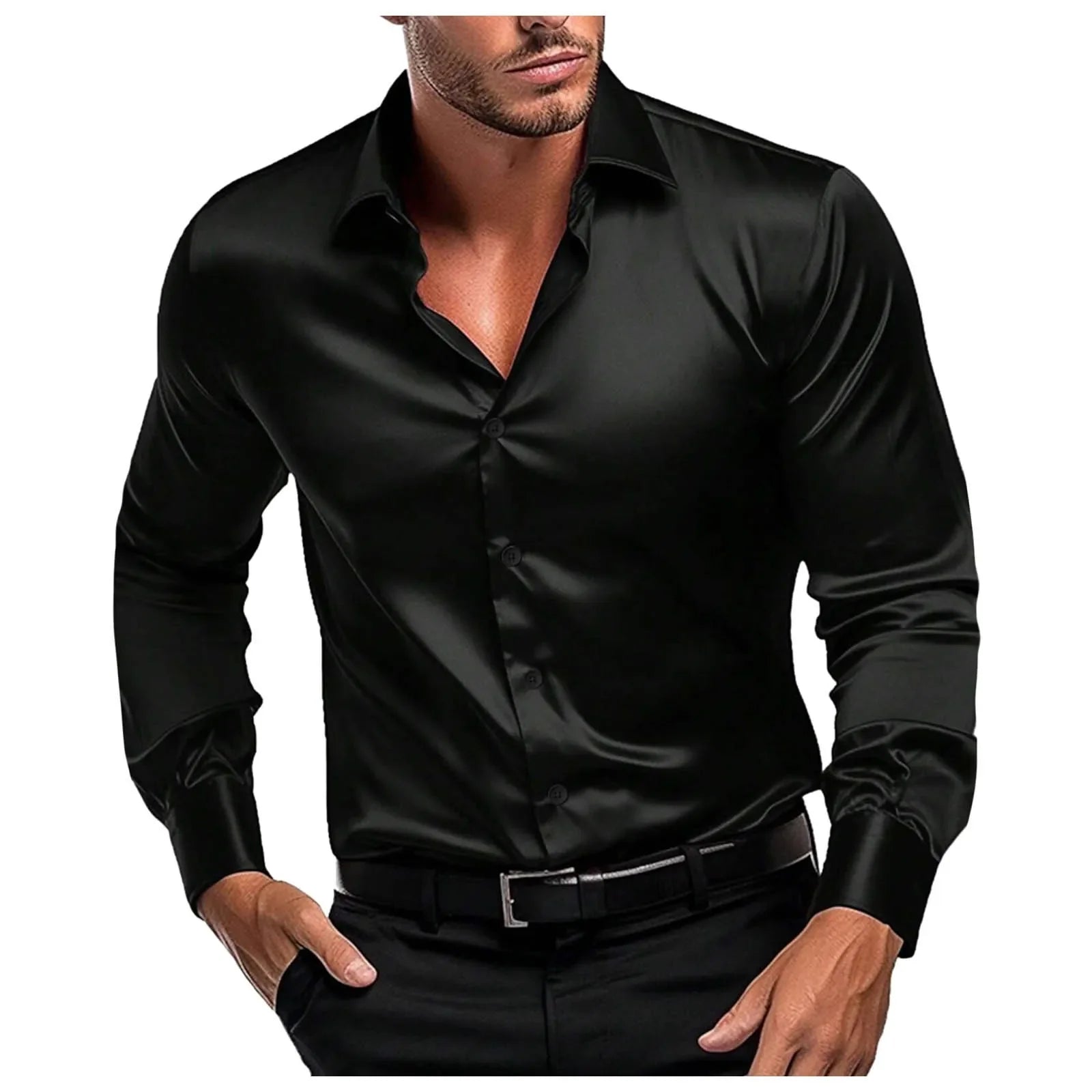 Buy Male Slim Fit Elegant Solid Color Satin Formal Wedding Long Sleeve Shirts men's shirt