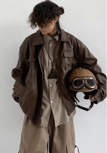 Buy Vintage PU leather Jacket Casual Cargo Coat Cargo Coat