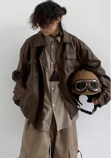 Vintage PU Leather Jacket Men Women Solid Color Loose Unisex Cargo Coat Spring Autumn Casual Motorcycle Windbreaker Couple Tops