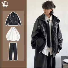 Buy Retro 3 - Piece PU Leather Jacket & Jeans Set – Unisex Casual Suit Cargo Coat ansd shirt