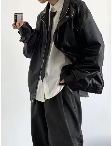 Retro 3-piece Set Men Women Loose Korean Pu Leather Jacket Straight Jeans White Long Sleeve Shirts Sets High Street Casual Suits