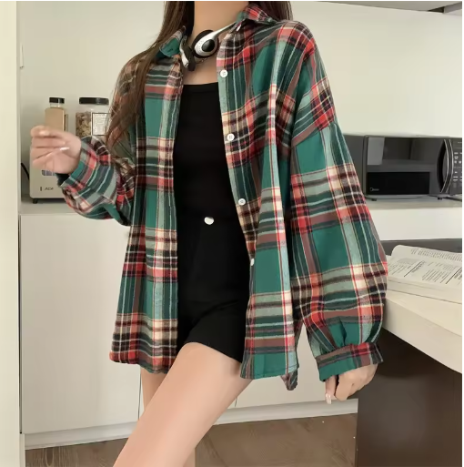 Plaid Shirt Women Autumn Long Sleeve Top Female Vintage Fashion Single Breasted Blouse Ladies Preppy Style Loose Check Shirts