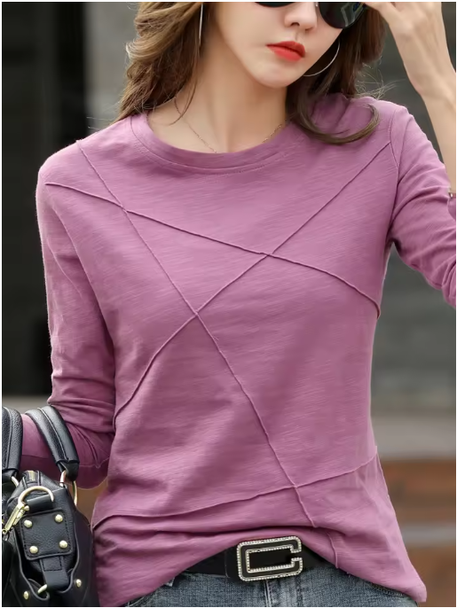 2025 Autumn Long Sleeve Women O-Neck Bamboo Cotton T-Shirt Elegant Loose Ribbed Fashion Tee Shirt Ladies Simple Tops